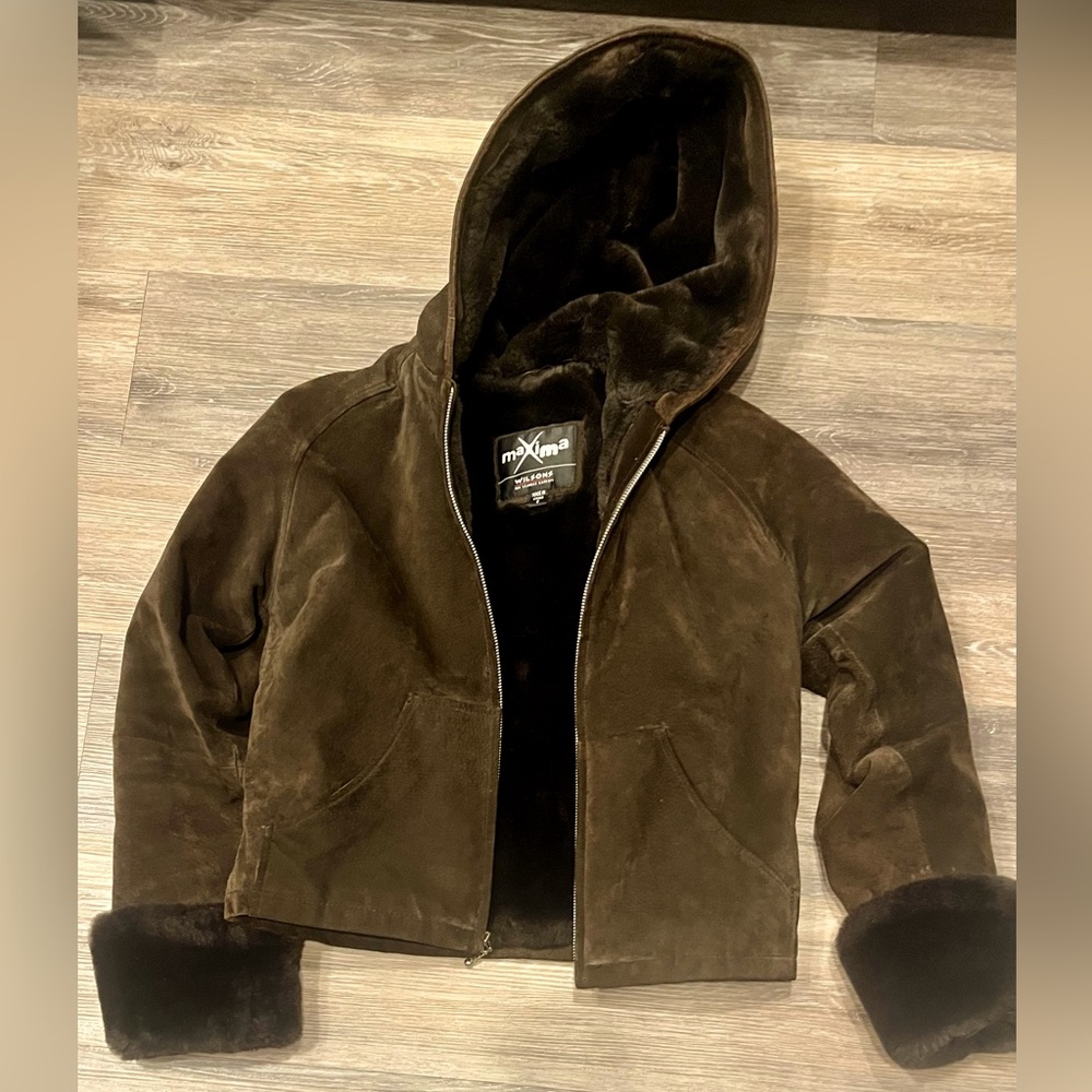 Maxima  by Wilson’s Leather 
Brown Suede Jacket hooded, lined gorgeous warm